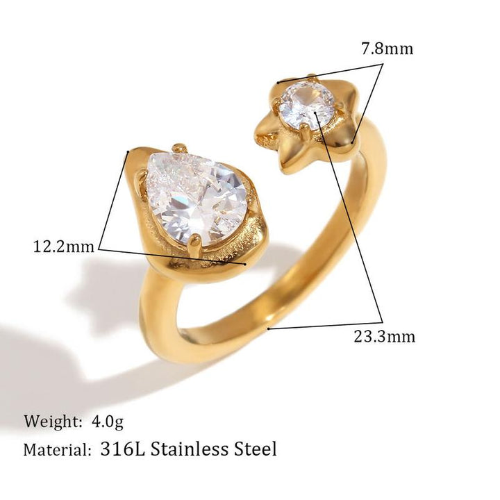 Asymmetric Water Droplets Star Ring, 18K Gold Plated Zircon Stainless Steel