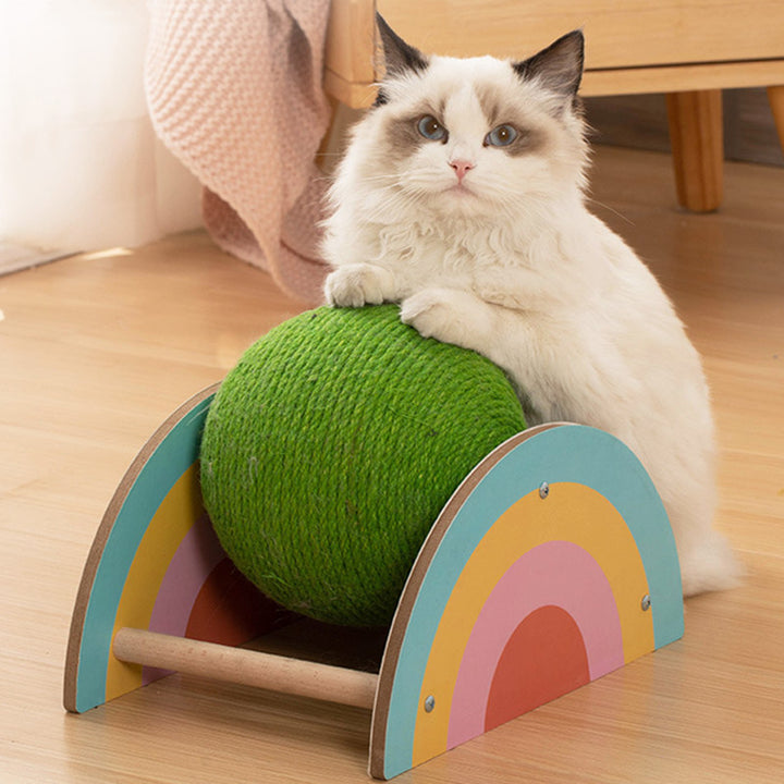 Wooden Sisal Cat Scratcher with Double Tier Green Scratch Ball