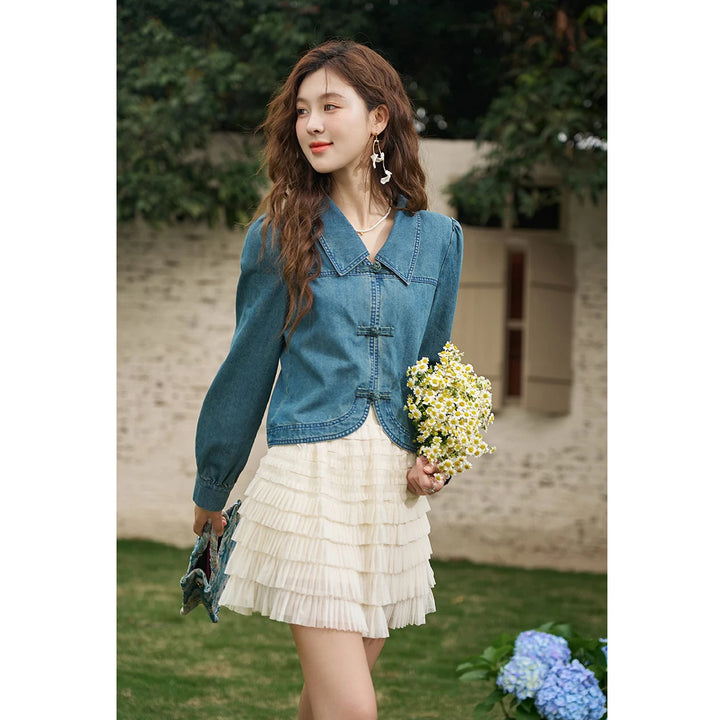 Casual Denim Shirt with Turn-down Collar