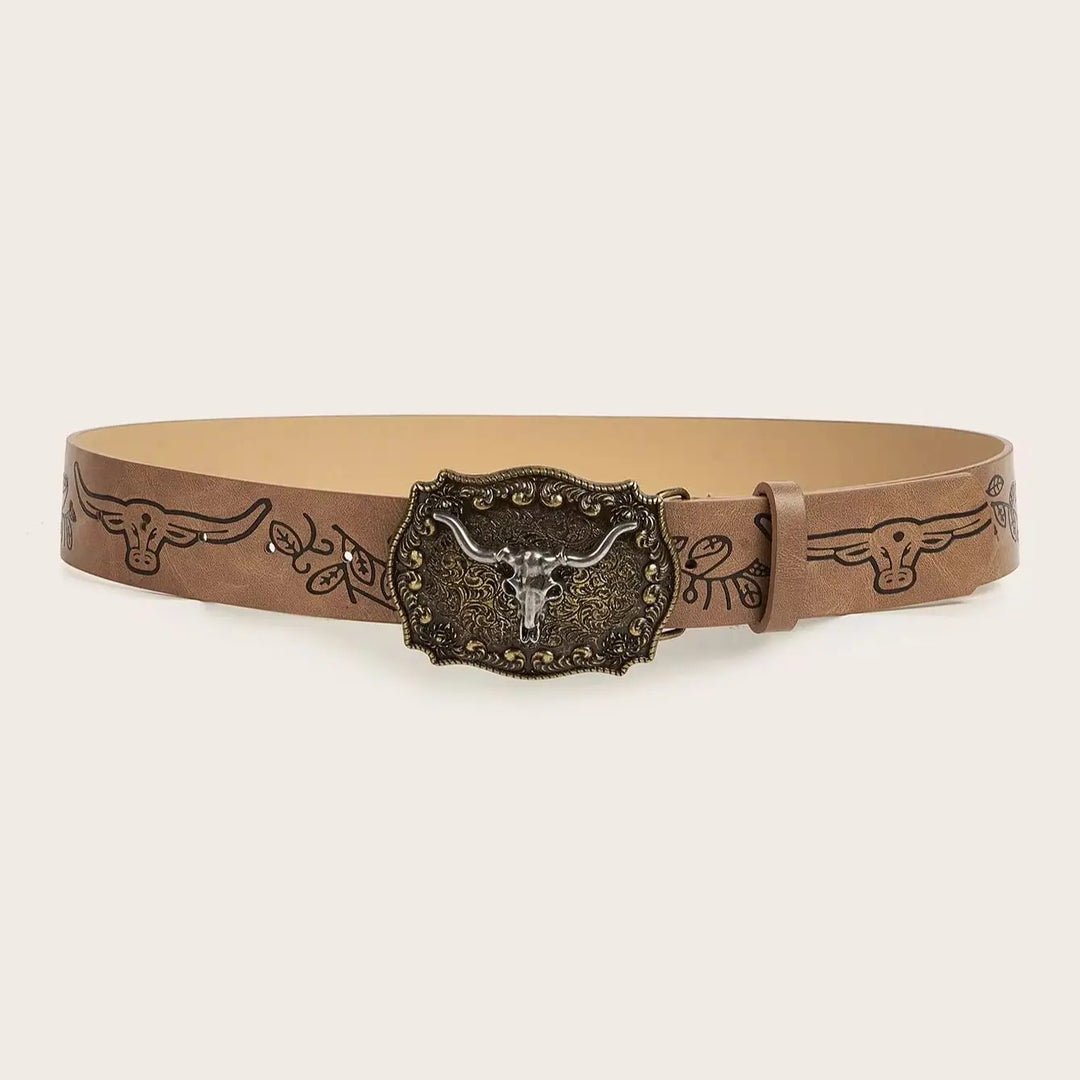 Vintage Western Cowboy Buckle Printed PU Leather Belt