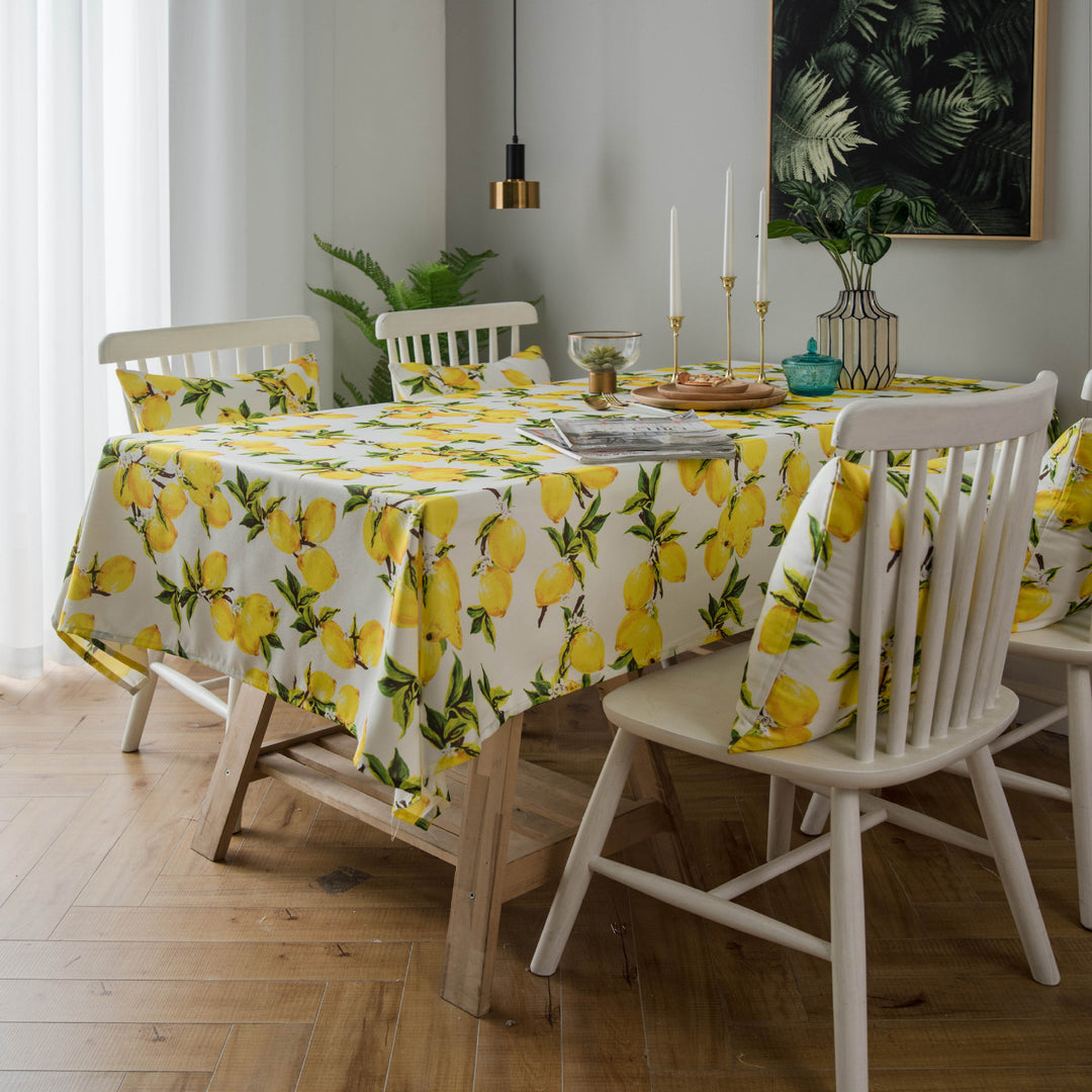 Lemon Print Yellow Polyester Tablecloth & Cushion Cover