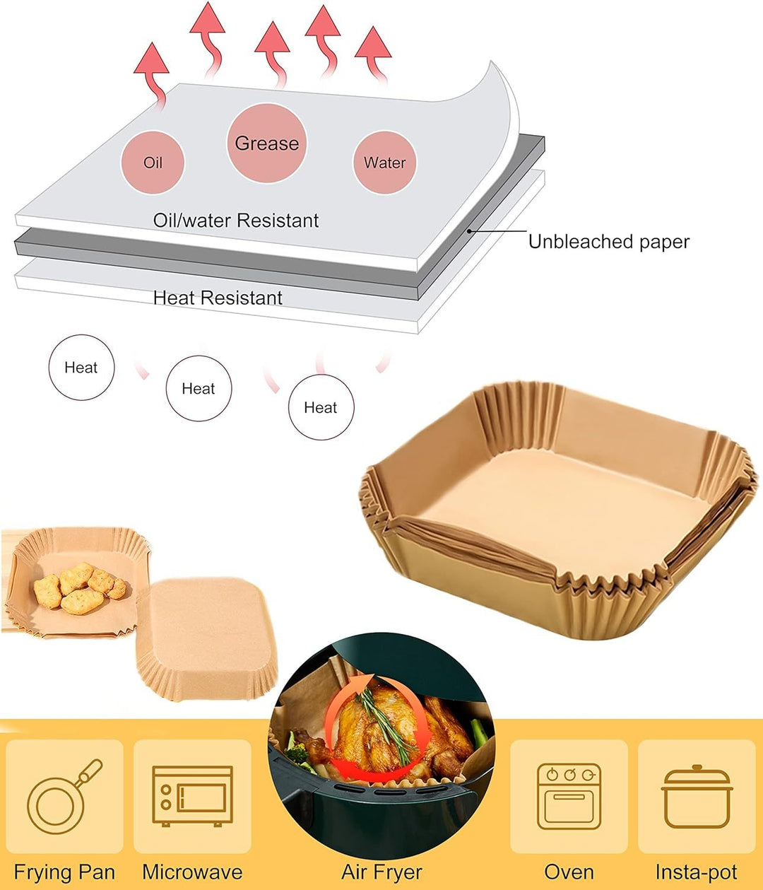 50pcs Air Fryer Liner, Baking Disposable Air Fryer Parchment Paper, Multipurpose Oil-absorbing Paper Tray