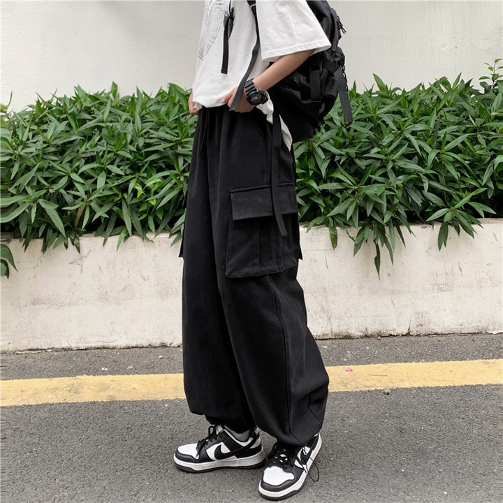 Japanese-style Retro Pants Men's Solid Color Wide Leg Washed Cotton Overalls Straight Loose Casual Trousers