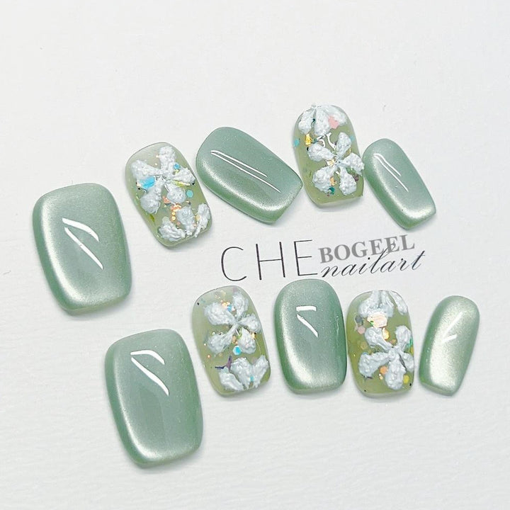 Hand-worn Nail Green Cat's Eye Three-dimensional Embossed Flowers