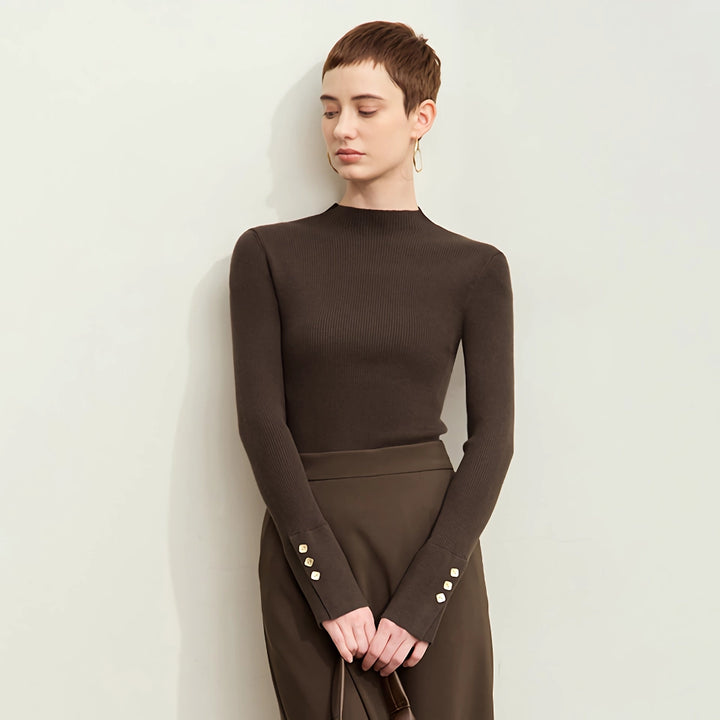 Minimalist Mock Neck Sweater with Slit Cuffs and Metal Buckle