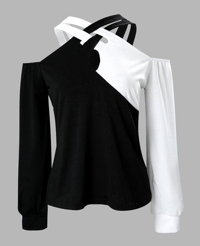 Black And White Patchwork Casual Fashion Cross Belt Women's Top - Trendha