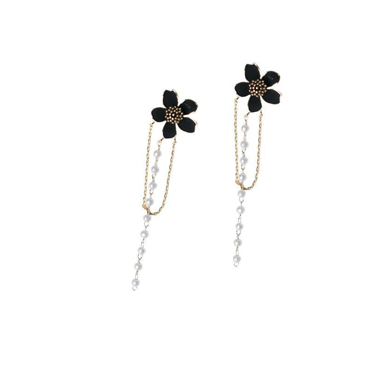 Black Camellia Tassel 925 Silver Needle Earrings - Trendha