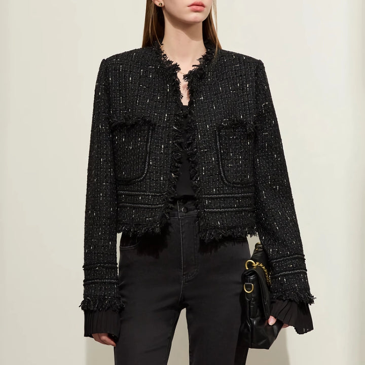 Minimalist Tweed Short Jacket with Tassel and Pleated Cuffs