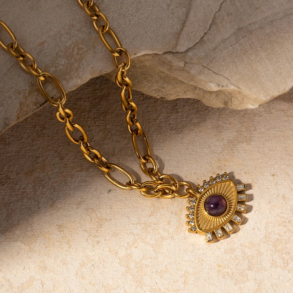 Stainless Steel Evil Eye Amethyst Necklace - 18K Gold Plated Talisman Jewelry