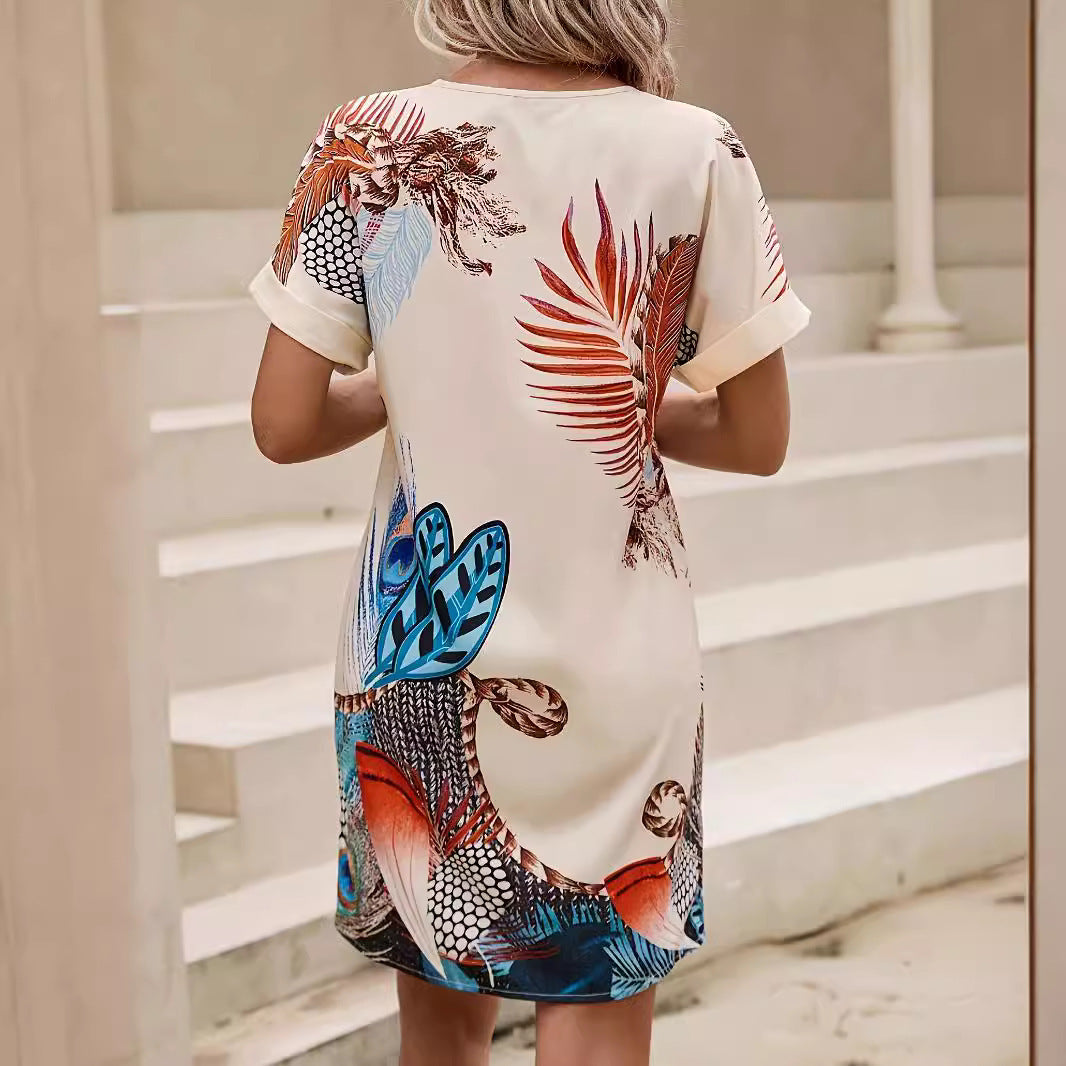 Trend Tropical Printing Batwing Sleeve Commute Minimalist Dress Ladies