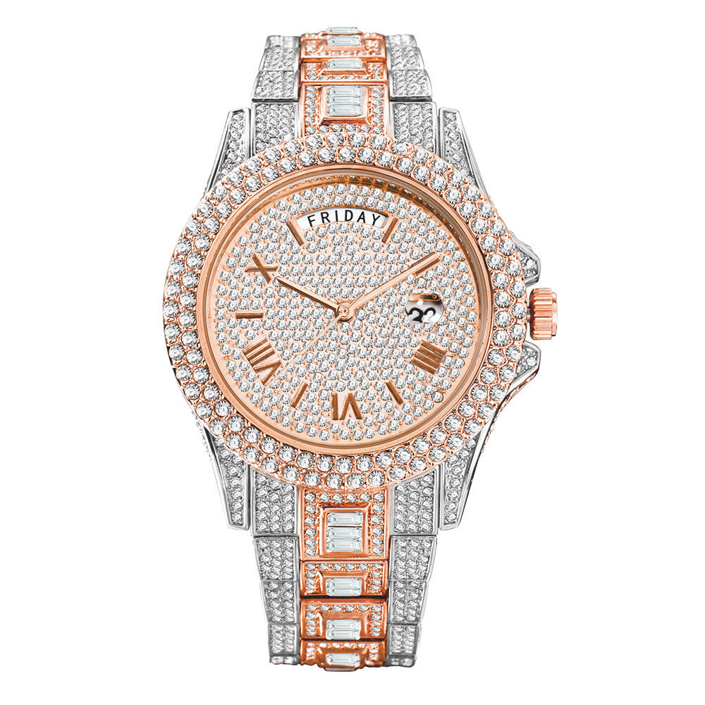 Outside The Watch Fashionable High-end Double Calendar Business Full Diamond Quartz