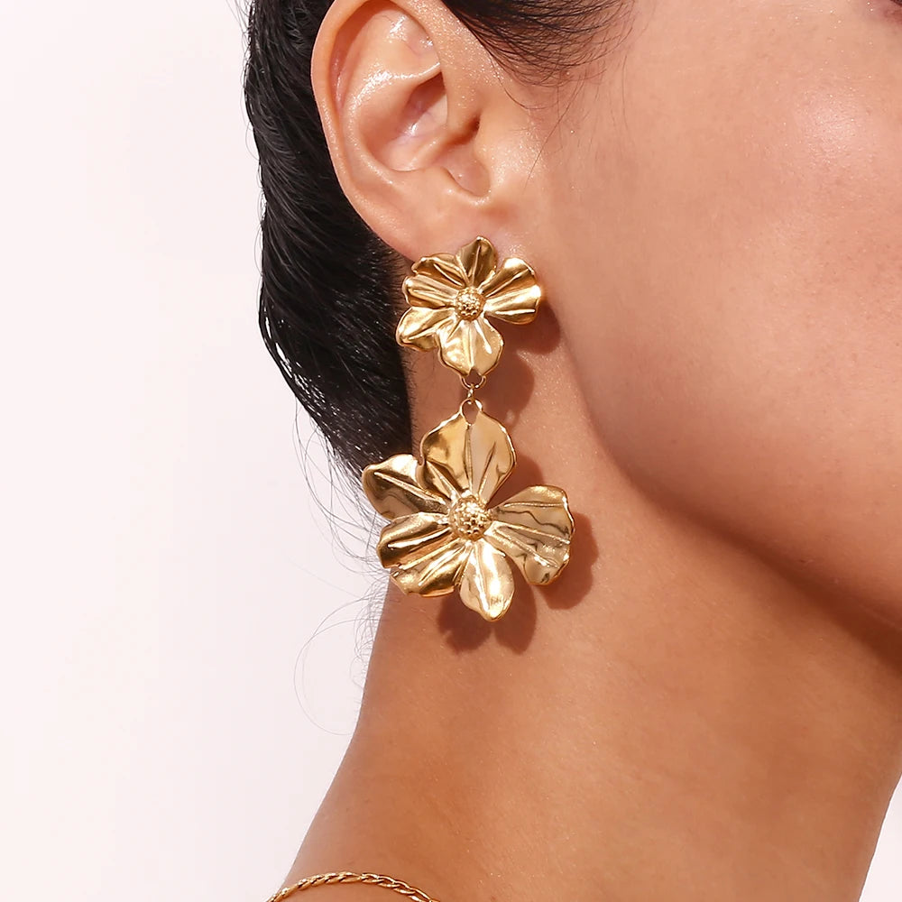 18K Gold Plated Two Flower Drop Earrings - Waterproof & Tarnish Free Stainless Steel