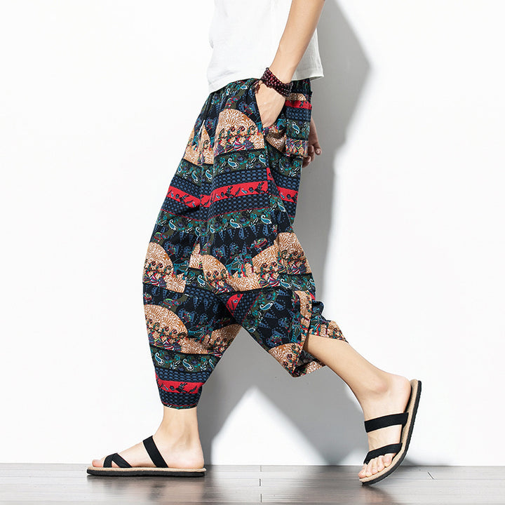 Printed Pants Baggy Cotton And Linen Loose Casual Cropped Pants