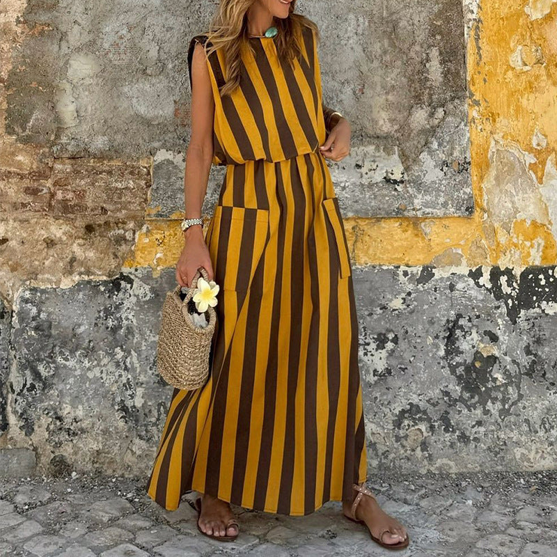 Striped Printed Mid-length Sleeveless Dress