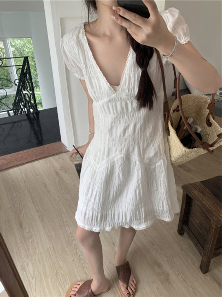 Lace Edge V-neck Pleated White Temperament Dress Women