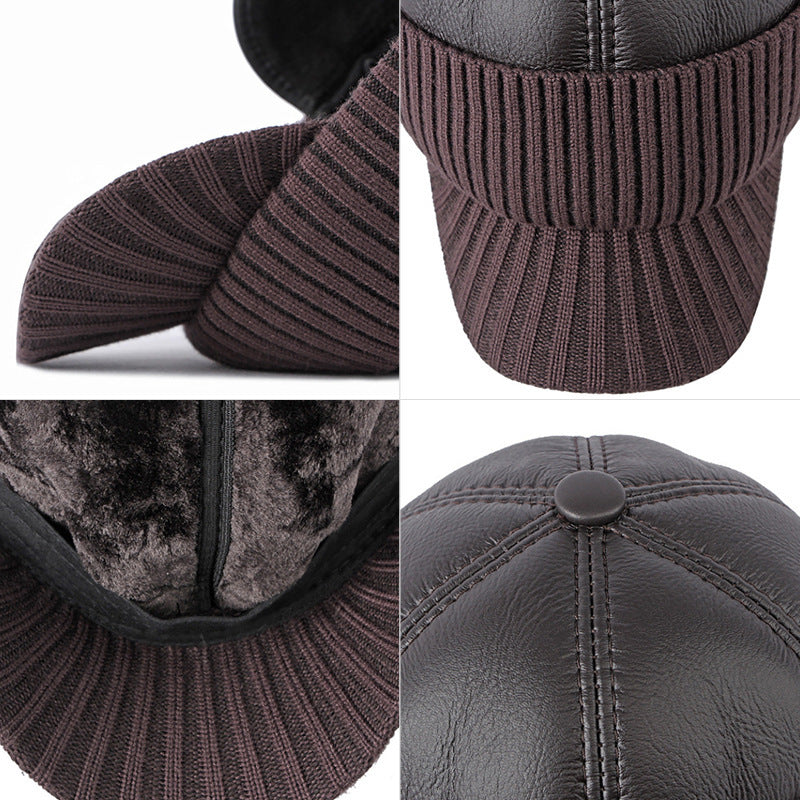 Men's Winter Leather Earflaps Warm PU Thickened Baseball Cap Hat