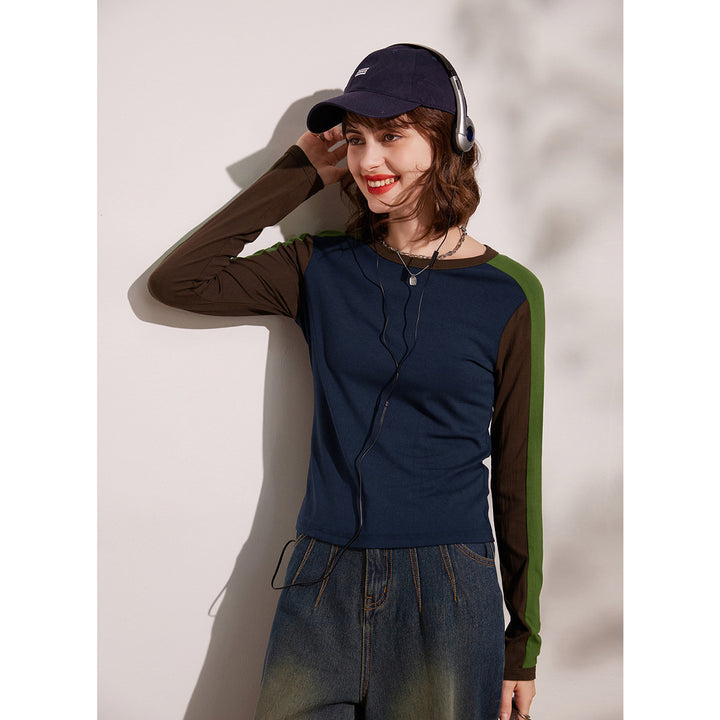 Spring Long Sleeve Casual Round Neck Contrast Color Pullover Top