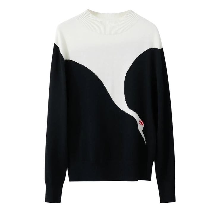 Mock Neck Crane Jacquard Loose Sweater