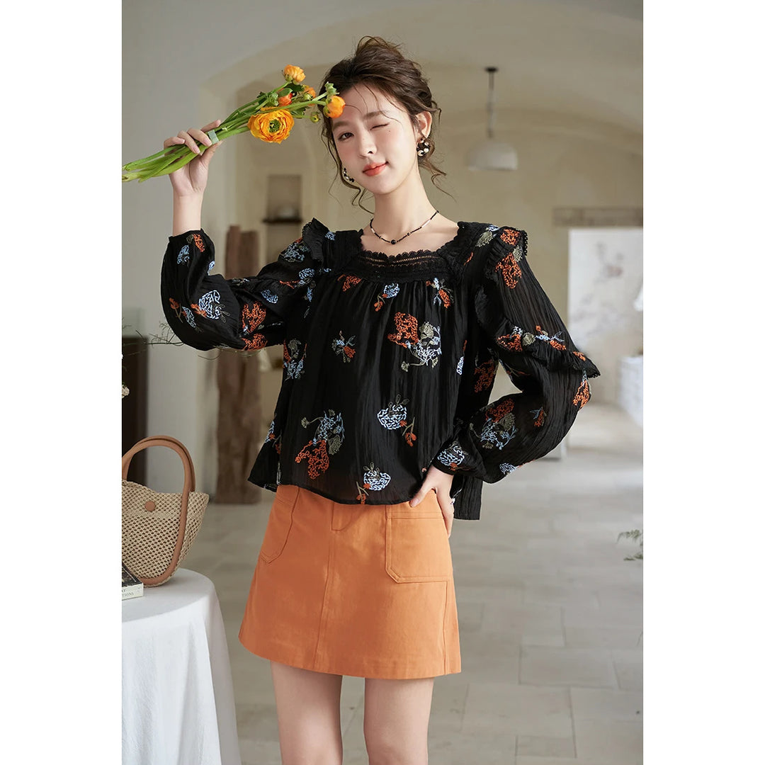 Korean Embroidered Dandelion Blouse with Lace Square Neck