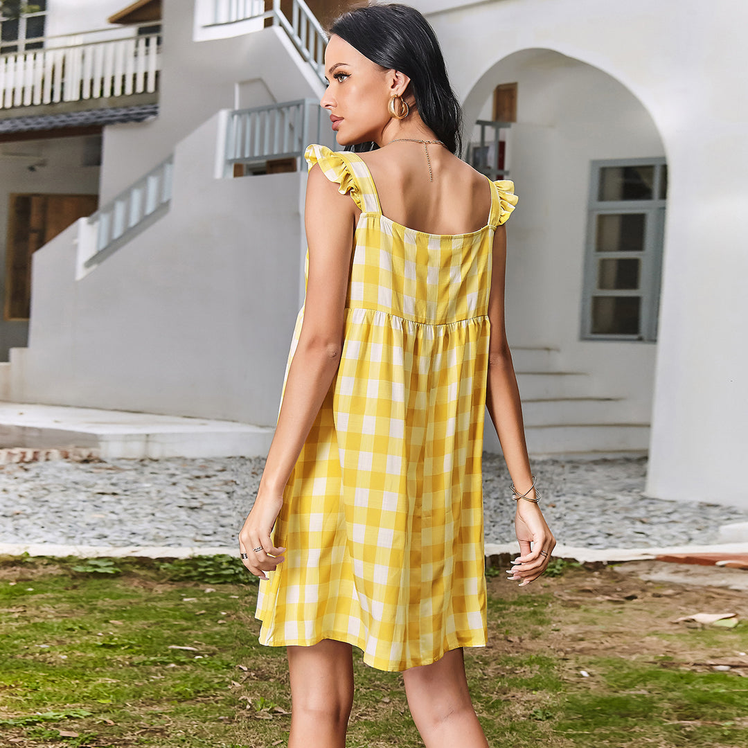 Square Collar Plaid Wooden Ear Swing Dress