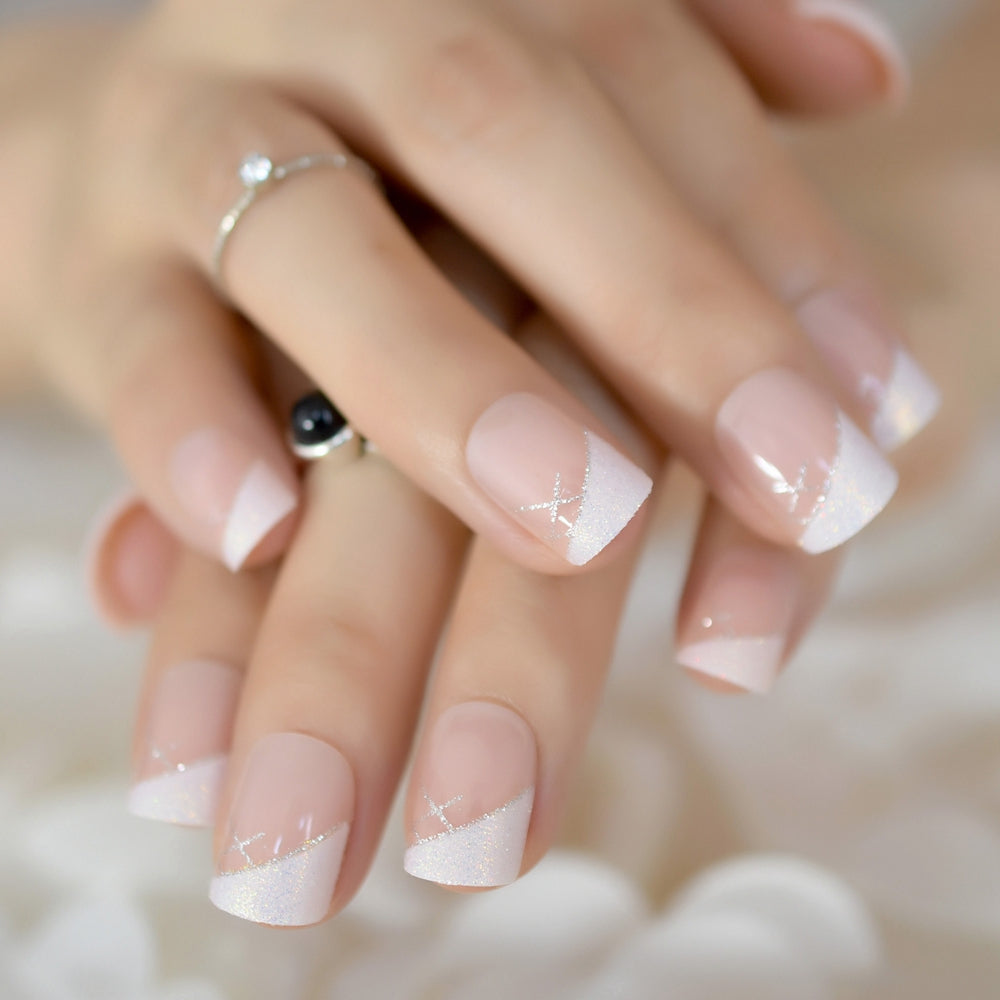 Iridescent White Glitter Short Square French Nails