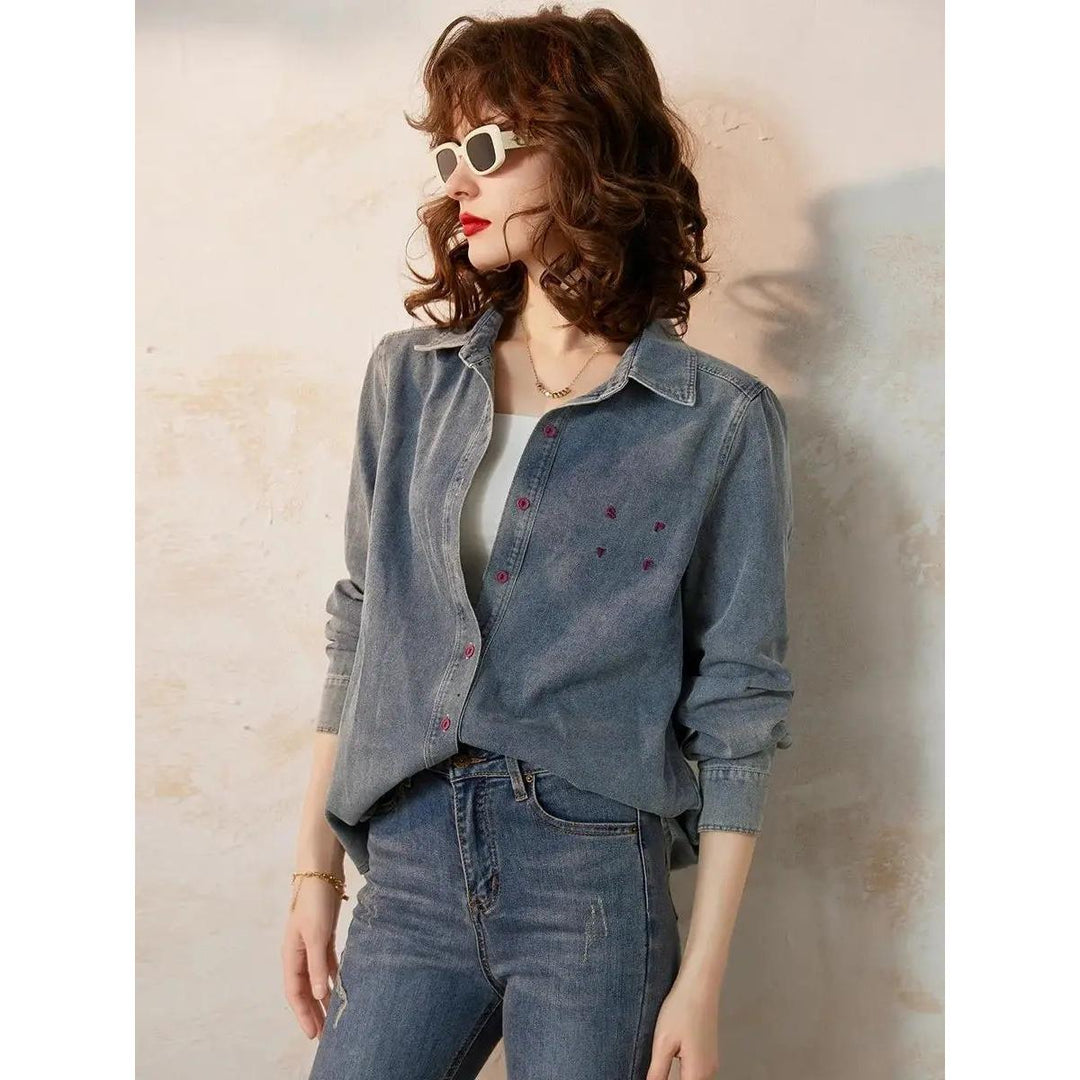 Spring Casual Denim Shirt with Embroidery