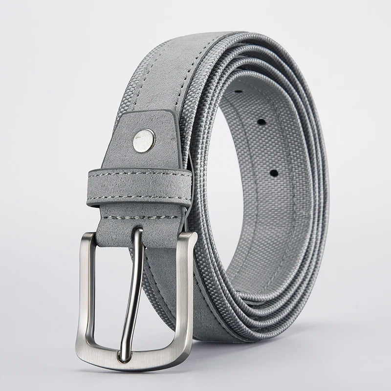 Men’s Suede Leather Belt with Oxford Fabric Strap – Genuine Leather Luxury Pin Buckle