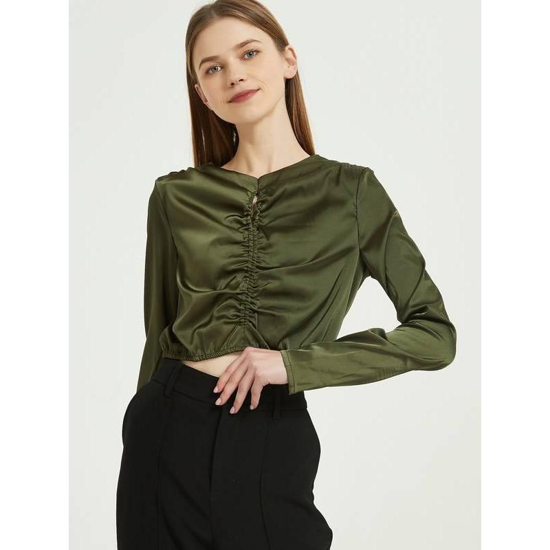 Elegant Green Silk Chiffon Long Sleeve Blouse
