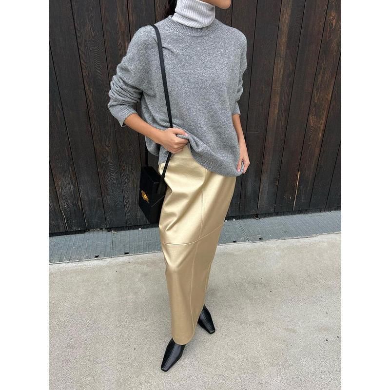 Gold PU Leather High Waist Long Skirt
