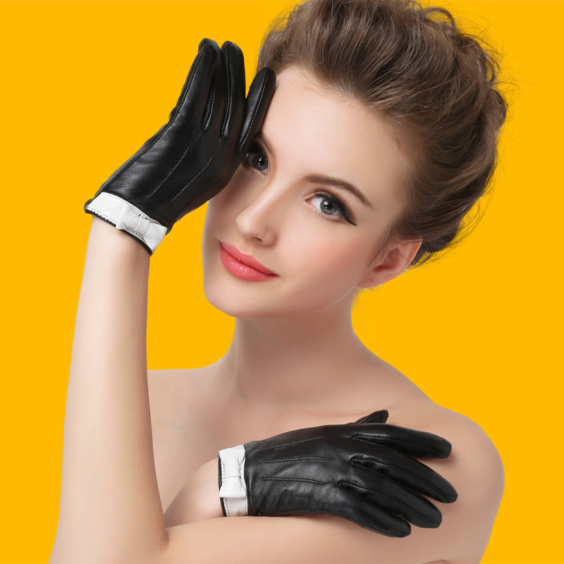 Leather Gloves Ladies Sheepskin Bow