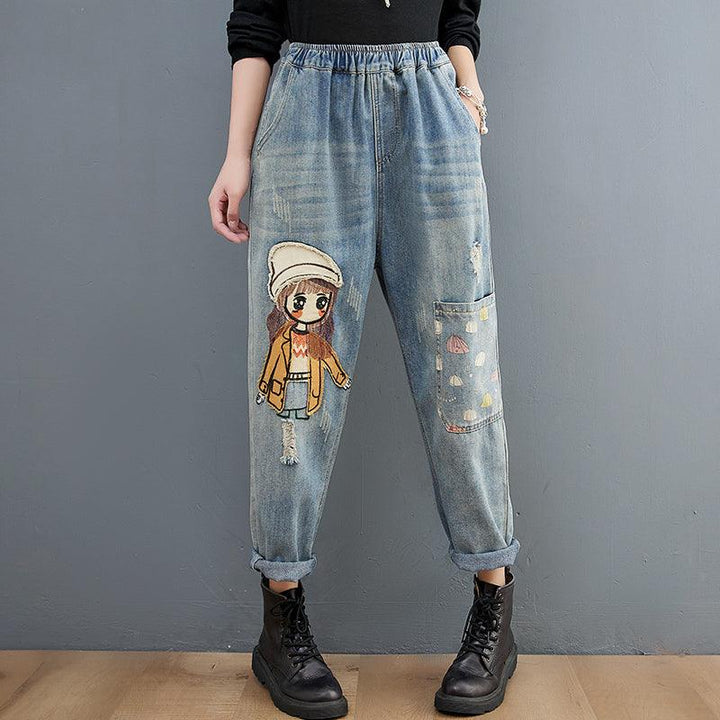 Cartoon Stickers Embroidered Jeans For Women - Trendha