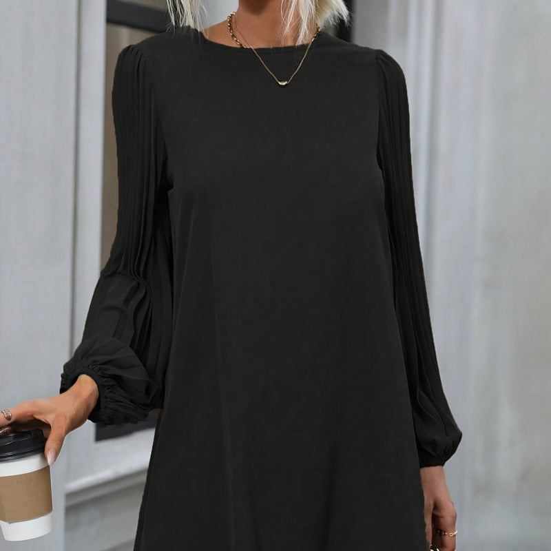 Solid Color Simple Round-neck Long-sleeved Dress