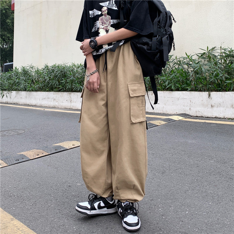 Japanese-style Retro Pants Men's Solid Color Wide Leg Washed Cotton Overalls Straight Loose Casual Trousers