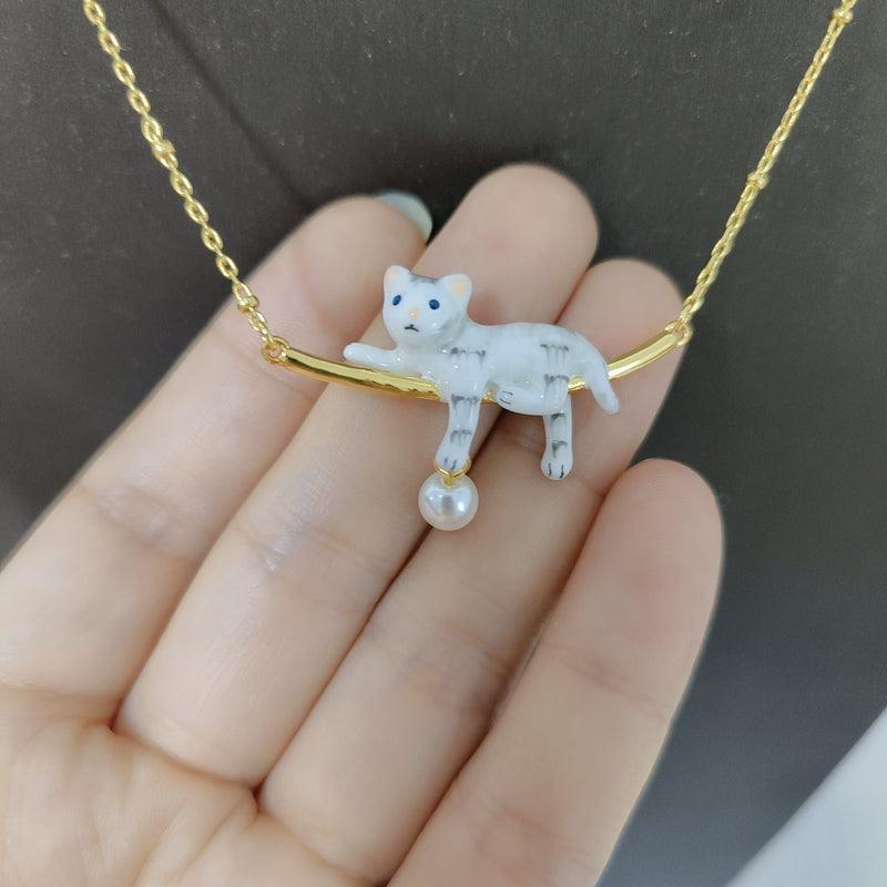 Cute White Kitten Simple Pearl Pendant Necklace For Women - Trendha