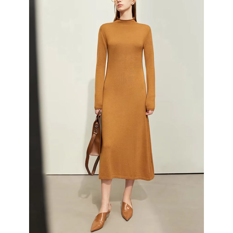 Slim A-Line Knitted Dress with Half High Collar