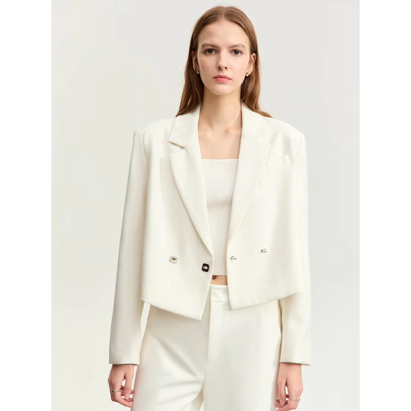 Short Blazer with Turn Lapel Collar and Metal Buckle