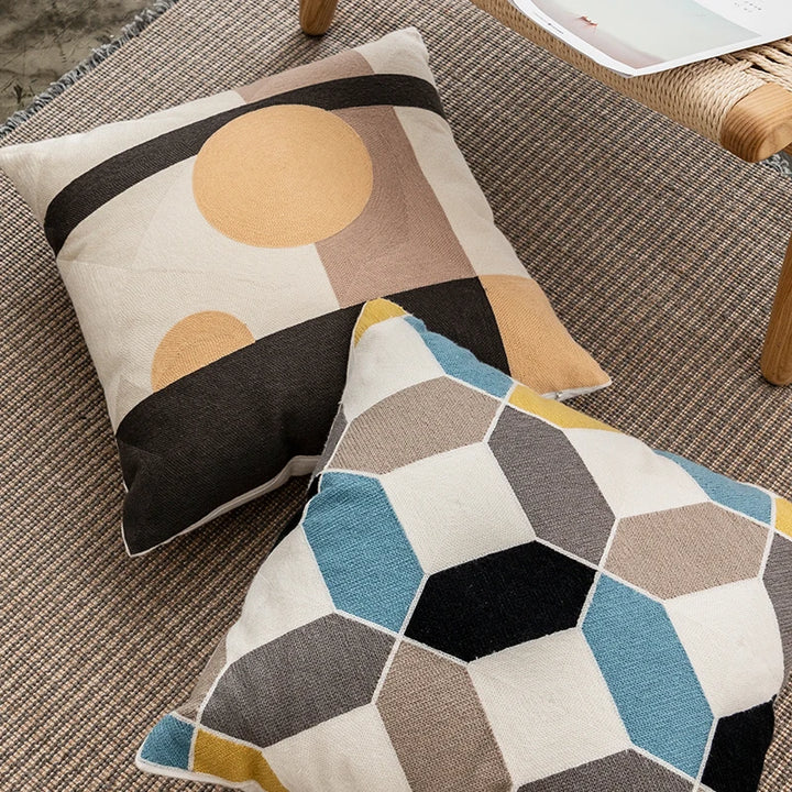 45x45in Geometric Embroidered Cotton Cushion Cover - Blue, Yellow, Grey Abstract Design