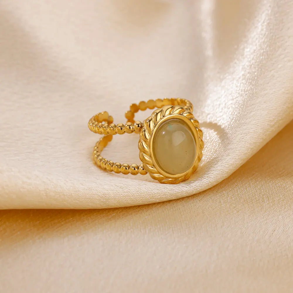 Natural White Opal Rings for Women - Gold Color Stainless Steel Classic Round Stone Couple Band