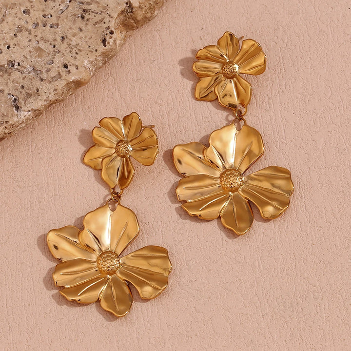 18K Gold Plated Two Flower Drop Earrings - Waterproof & Tarnish Free Stainless Steel