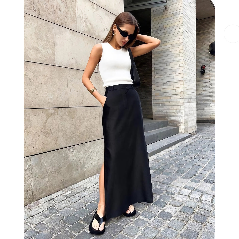 Elegant Black Ankle-Length A-Line Skirt with Pockets