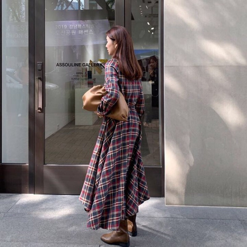 Long Temperament Long Sleeve Plaid Shirt Dress