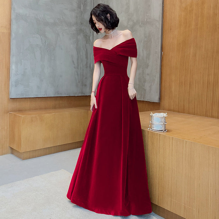 Off-shoulder Toast Bride Wine Red Dress