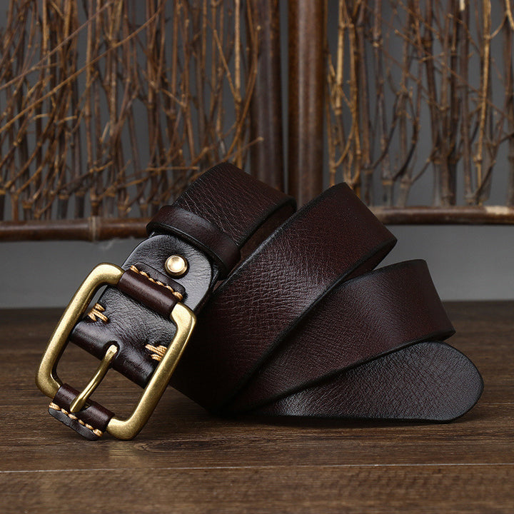 Men's Simple Fashion First Layer Cowhide Retro Brass Buckle Belt