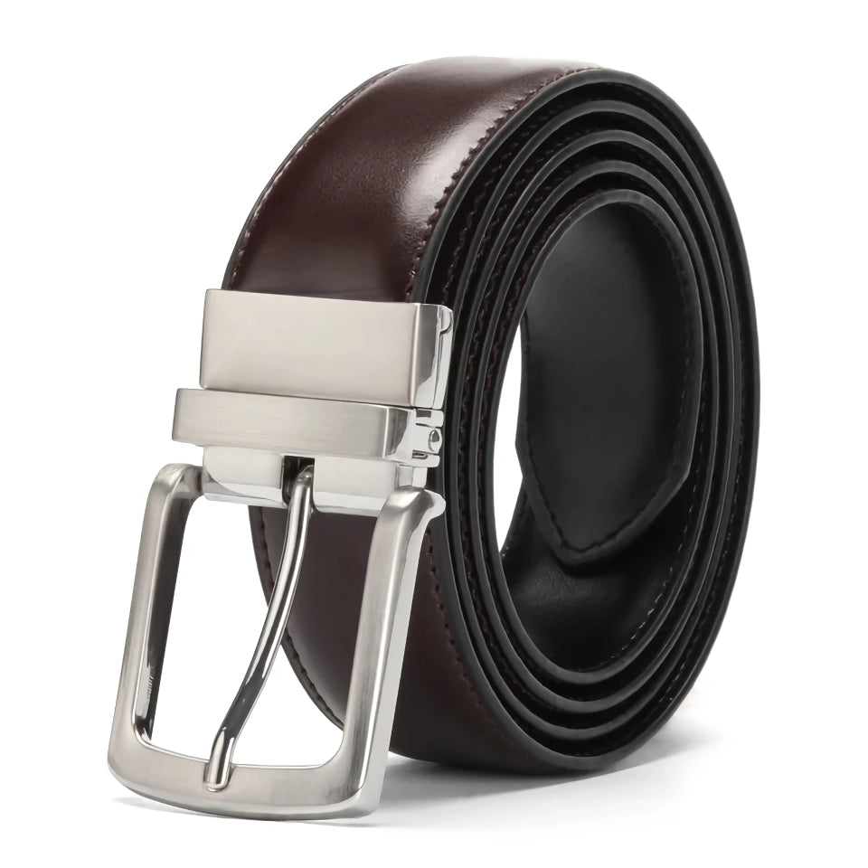 Men's Reversible Genuine Leather Belt with Rotated Buckle – Stylish Cowskin Dress Belt