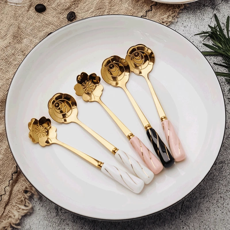 Elegant Mini Stainless Steel Flower Teaspoon with Ceramic Handle