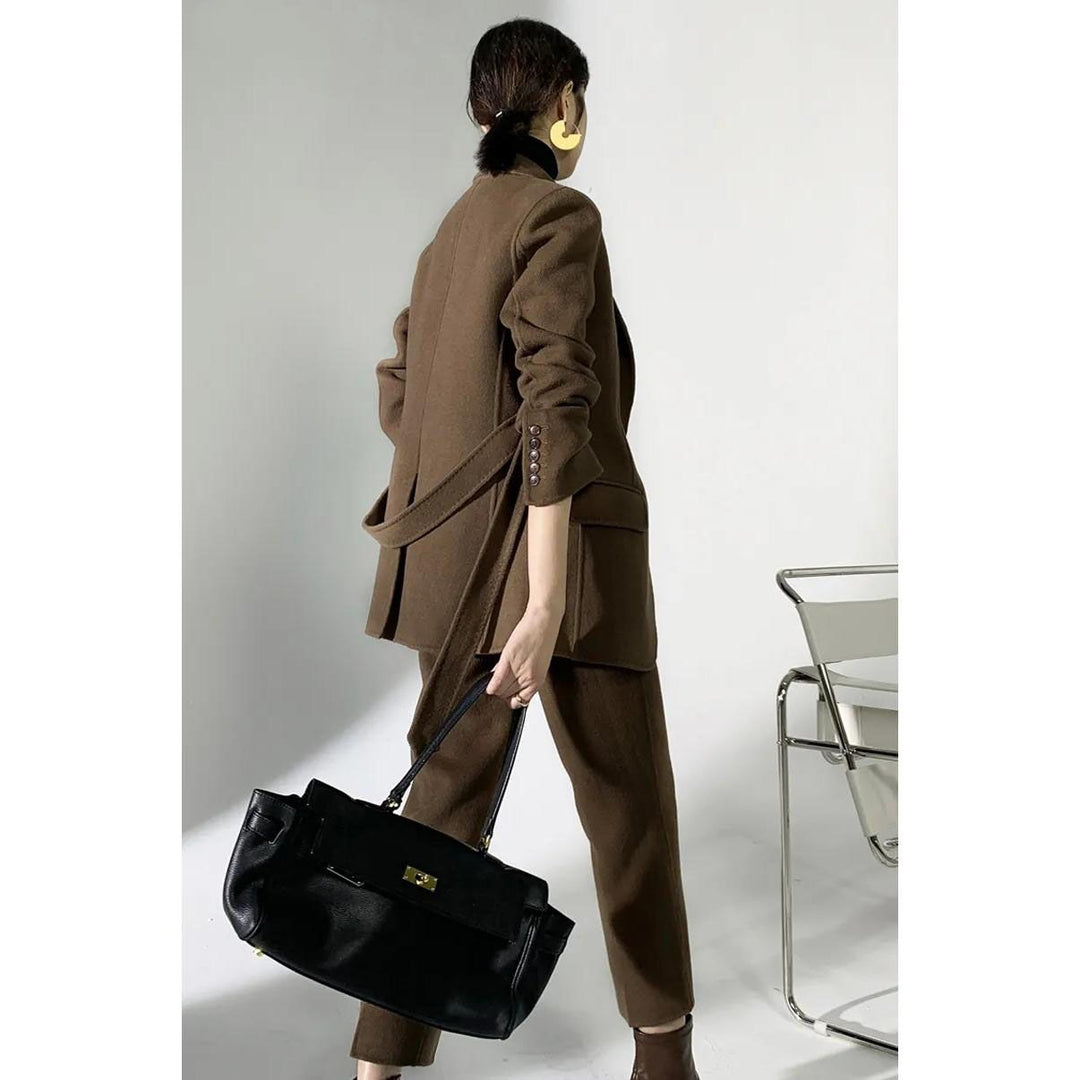 Autumn Winter Elegant Woolen Pant Suits with Belted Jackets and Warm Trousers for Women