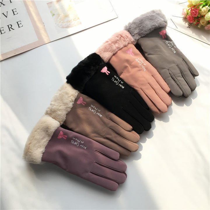 Autumn And Winter Women's Riding Gloves Korean Style Alphabet Cartoon Warm Double Layer Fleece-lined