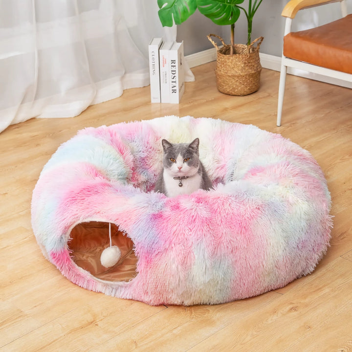 Cozy Cat Tunnel Bed with Plush Cushion – Multifunctional Foldable Nest for Indoor Cats