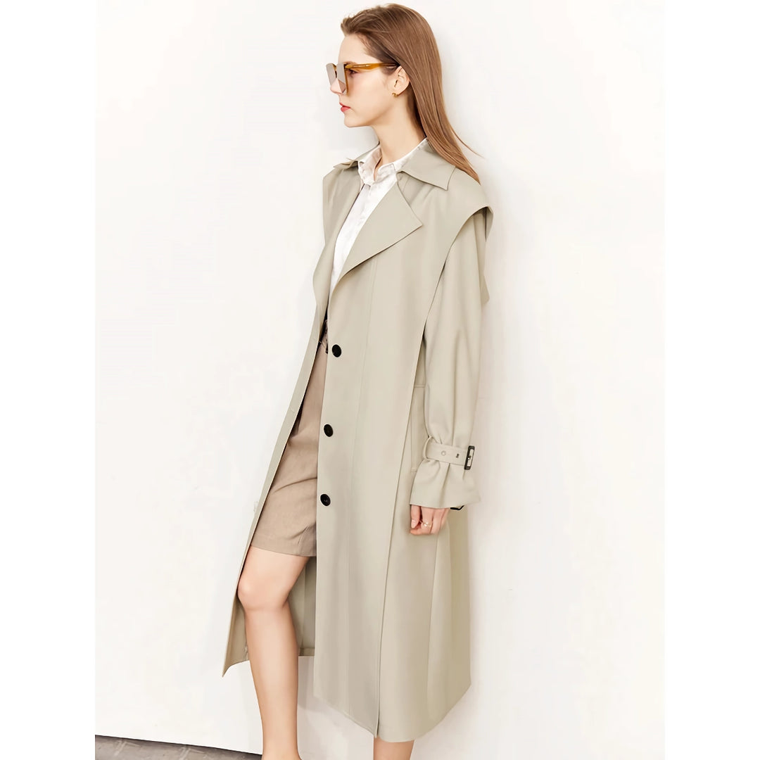 Minimalist Long Trench Coat for Women - Autumn Turndown Neck Patchwork Single Breasted