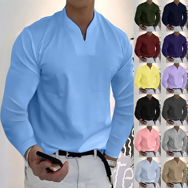 Male Fashion Casual Solid Color V-neck Long Sleeve Shirts